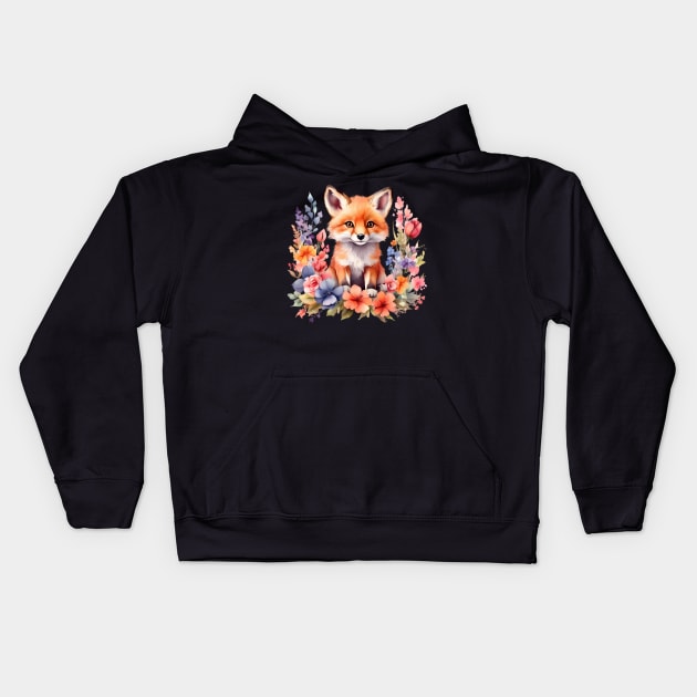 A red fox decorated with beautiful watercolor flowers Kids Hoodie by CreativeSparkzz